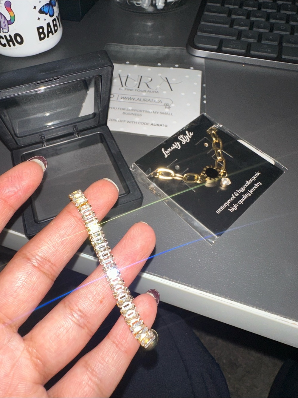 Brand New Adjustable gold plated Tennis Bracelet with case